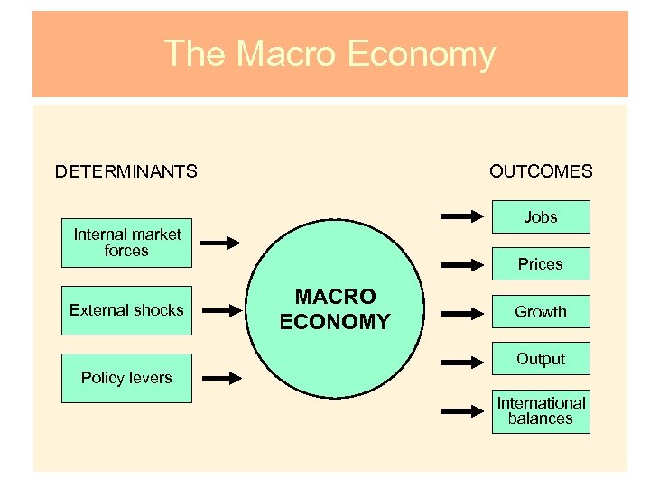 The Macro Economy DETERMINANTS OUTCOMES Jobs Internal market forces External shocks Prices MACRO ECONOMY