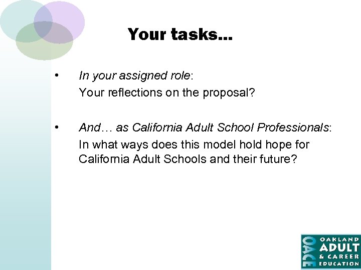 Your tasks… • In your assigned role: Your reflections on the proposal? • And…