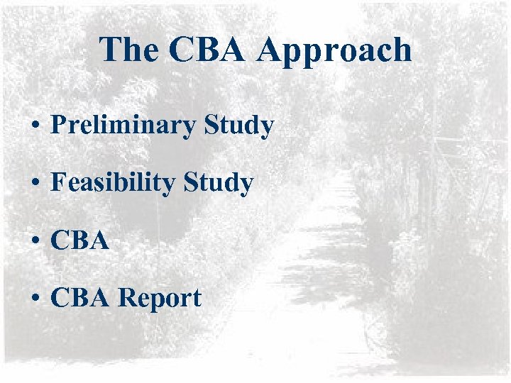 The CBA Approach • Preliminary Study • Feasibility Study • CBA Report 