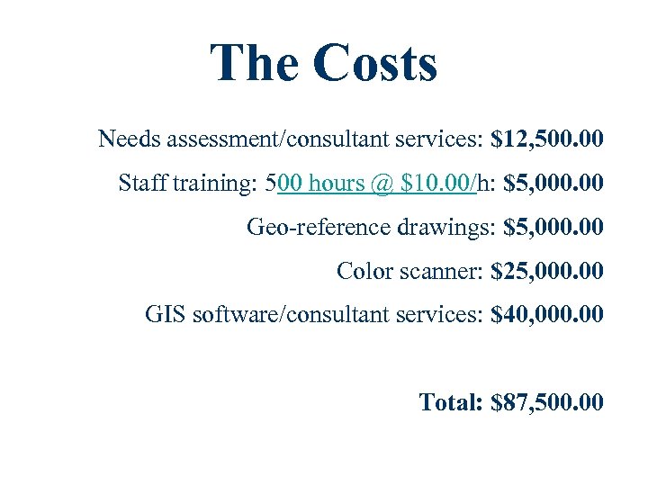 The Costs Needs assessment/consultant services: $12, 500. 00 Staff training: 500 hours @ $10.
