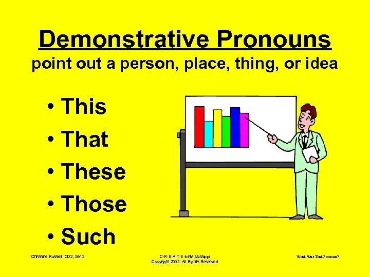 Demonstrative Pronouns point out a person, place, thing, or idea • This • That