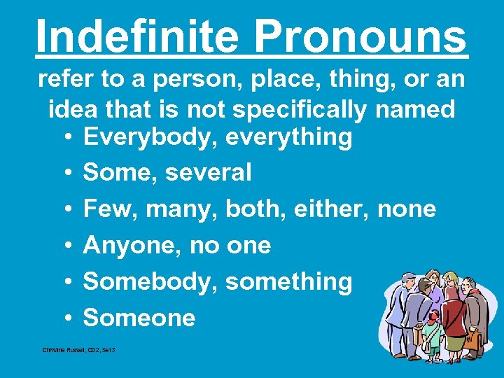 Indefinite Pronouns refer to a person, place, thing, or an idea that is not