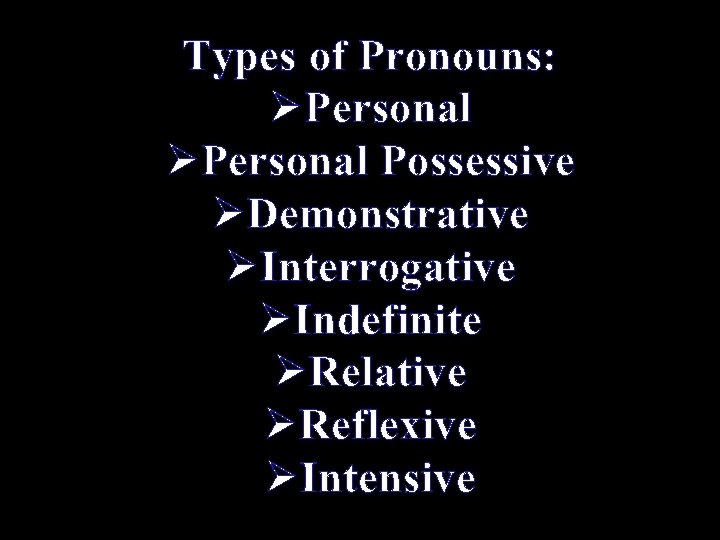 Christine Russell, CD 2, Set 3 Types of Pronouns: ØPersonal Possessive ØDemonstrative ØInterrogative ØIndefinite