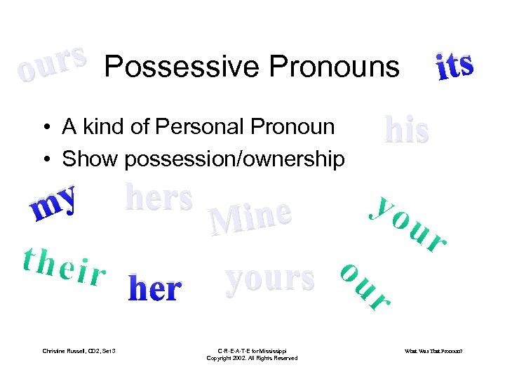 rs Possessive Pronouns ou • A kind of Personal Pronoun • Show possession/ownership y