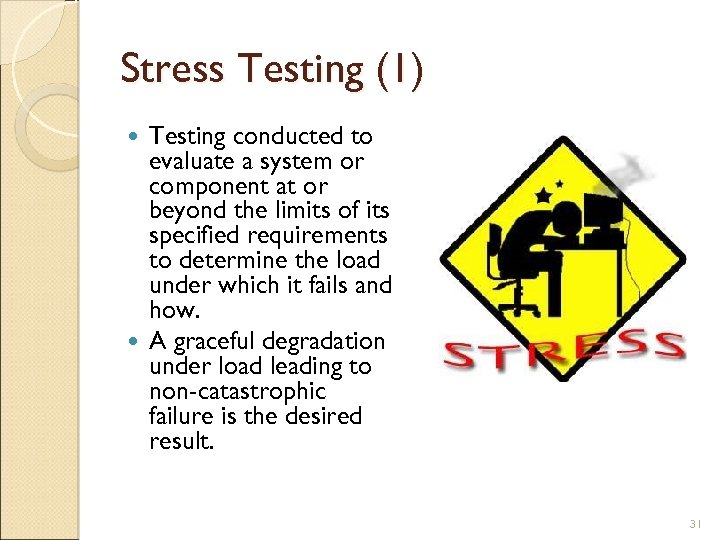 Stress Testing (1) Testing conducted to evaluate a system or component at or beyond