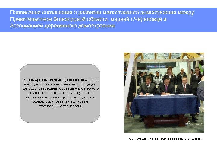 Подписание соглашения о развитии малоэтажного домостроения между Правительством Вологодской области, мэрией г. Череповца и