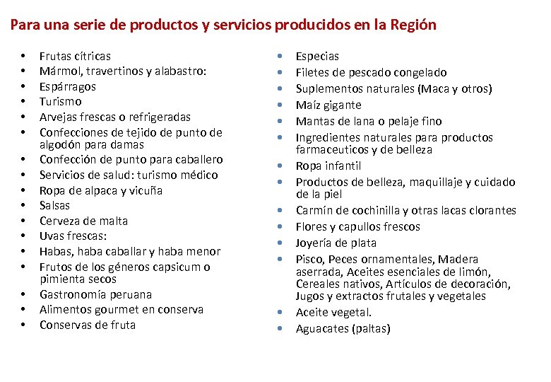 Para una serie de productos y servicios producidos en la Región • • •