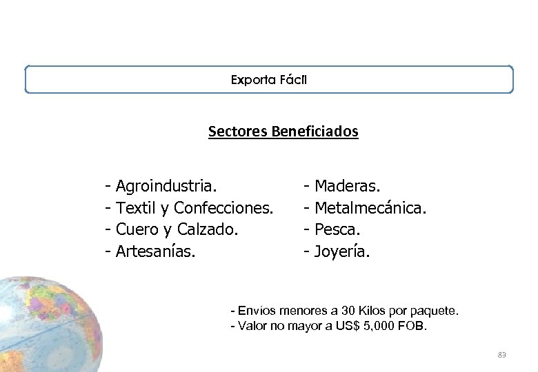 Exporta Fácil Sectores Beneficiados - Agroindustria. Textil y Confecciones. Cuero y Calzado. Artesanías. -
