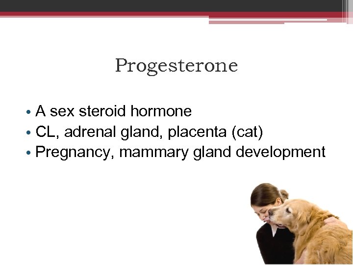 Progesterone • A sex steroid hormone • CL, adrenal gland, placenta (cat) • Pregnancy,