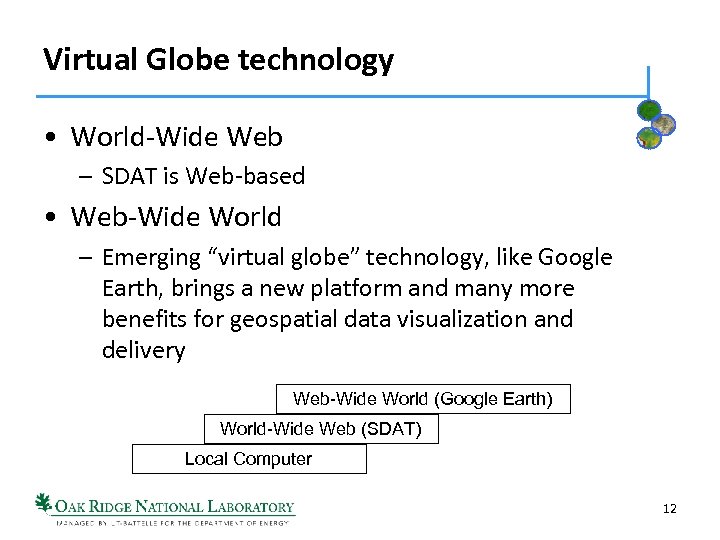 Virtual Globe technology • World-Wide Web – SDAT is Web-based • Web-Wide World –