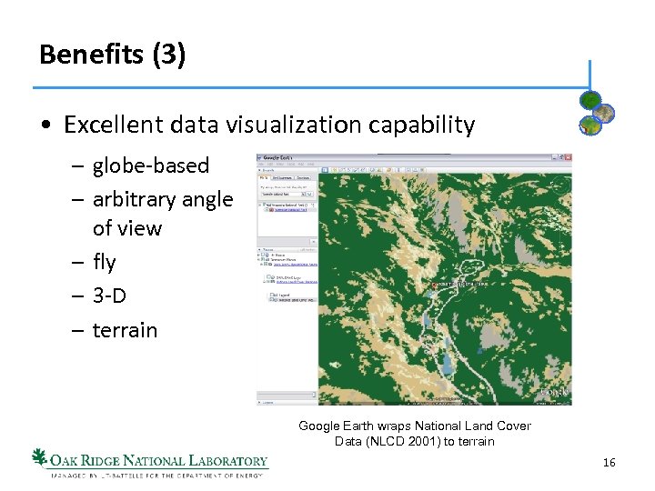 Benefits (3) • Excellent data visualization capability – globe-based – arbitrary angle of view