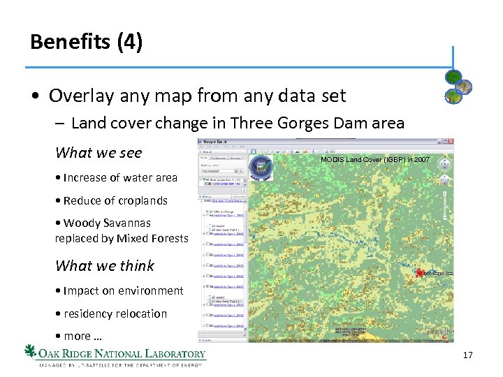 Benefits (4) • Overlay any map from any data set – Land cover change