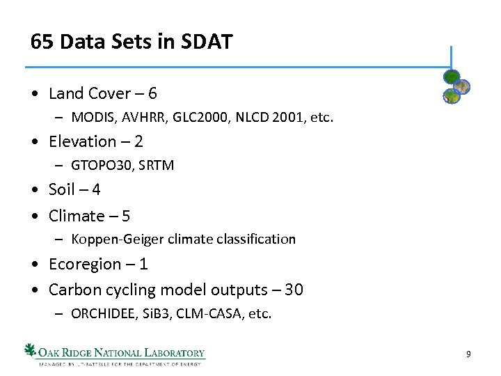 65 Data Sets in SDAT • Land Cover – 6 – MODIS, AVHRR, GLC