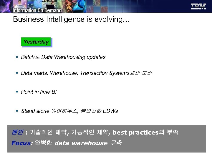 Business Intelligence is evolving… BI used to employ the following fundamentals: Yesterday …. .
