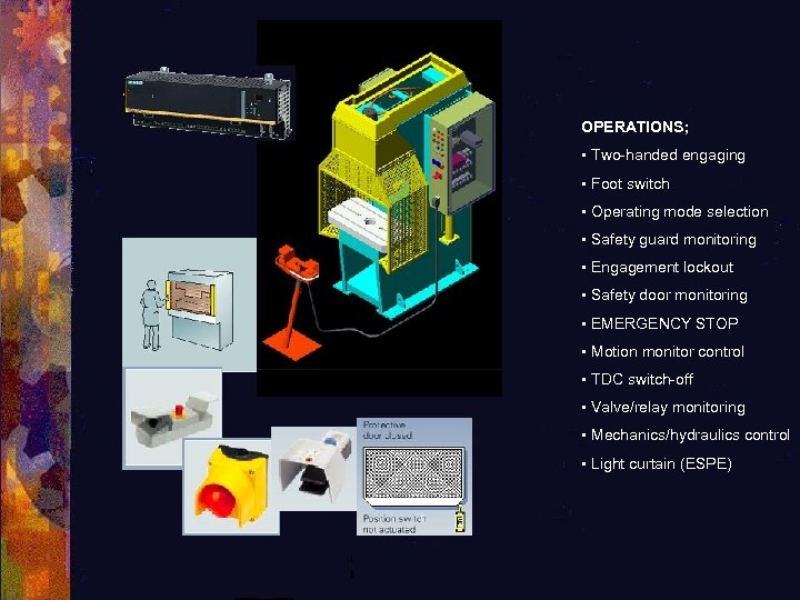 OPERATIONS; • Two-handed engaging • Foot switch • Operating mode selection • Safety guard