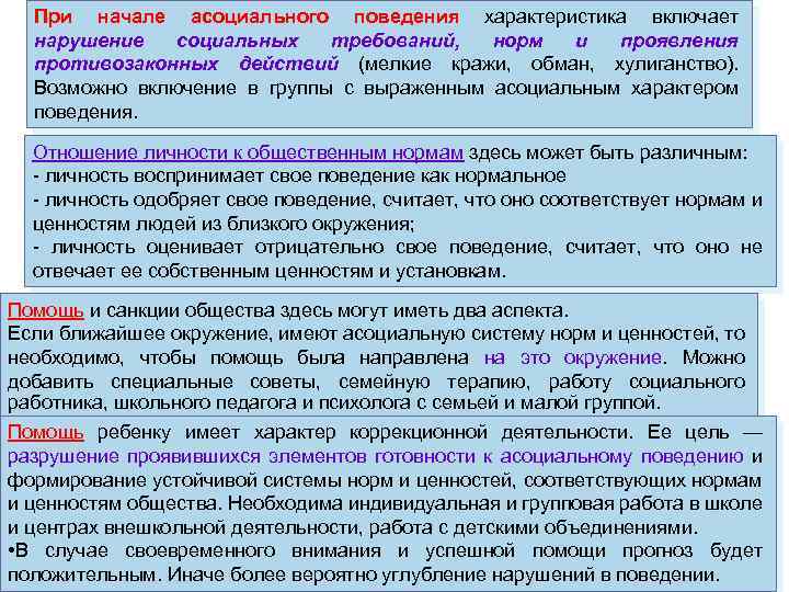 При начале асоциального поведения характеристика включает нарушение социальных требований, норм и проявления противозаконных действий