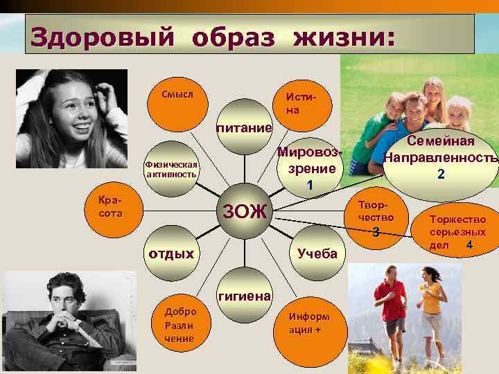 Здоровый образ жизни: Смысл Истина питание Мировоззрение 1 Физическая активность Красота Семейная Направленность 2