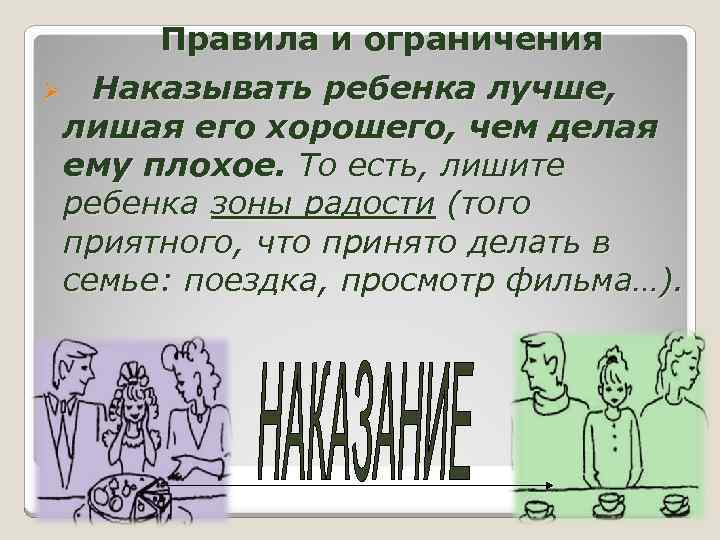 Правила и ограничения Ø Наказывать ребенка лучше, лишая его хорошего, чем делая ему плохое.