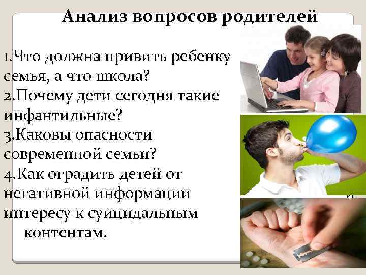 Анализ вопросов родителей 1. Что должна привить ребенку семья, а что школа? 2. Почему