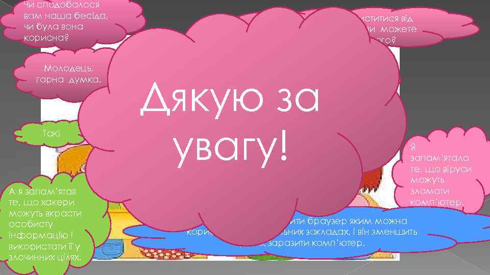 Чи сподобалося вам наша бесіда, чи була вона корисна? Молодець, гарна думка. Так! Тепер