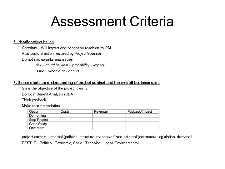 Assessment Criteria 6. Identify project issues Certainty – Will impact and cannot be resolved