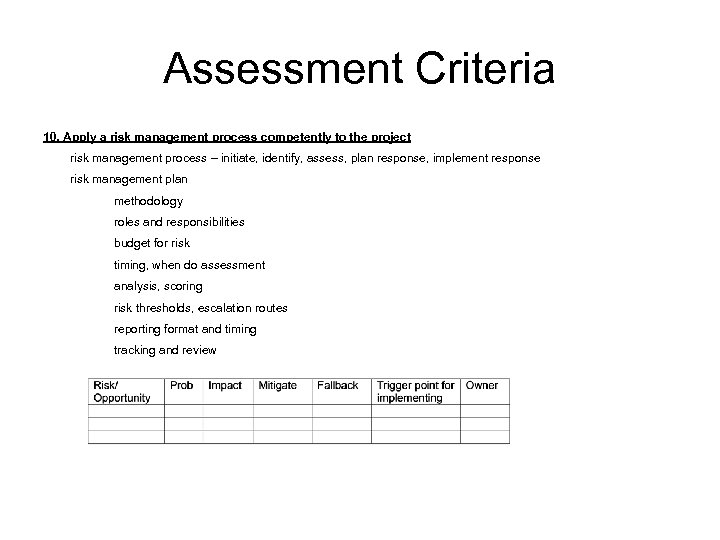Assessment Criteria 10. Apply a risk management process competently to the project risk management