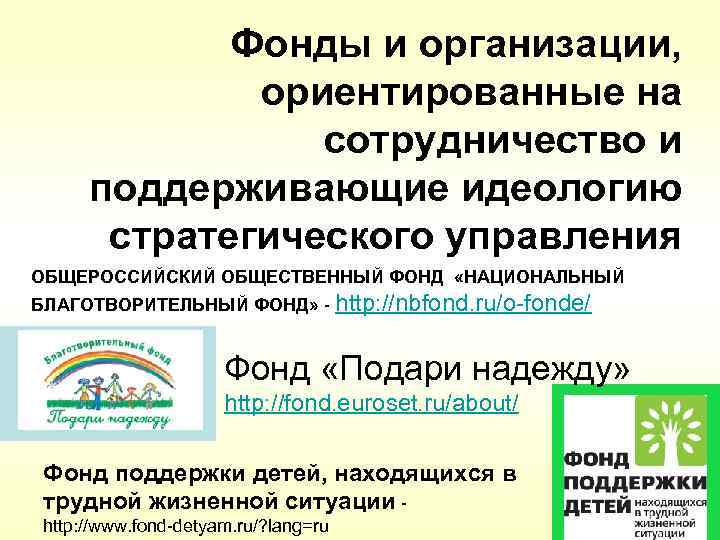 Фонды и организации, ориентированные на сотрудничество и поддерживающие идеологию стратегического управления ОБЩЕРОССИЙСКИЙ ОБЩЕСТВЕННЫЙ ФОНД