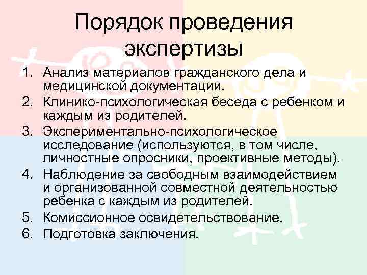 Порядок проведения экспертизы 1. Анализ материалов гражданского дела и медицинской документации. 2. Клинико-психологическая беседа