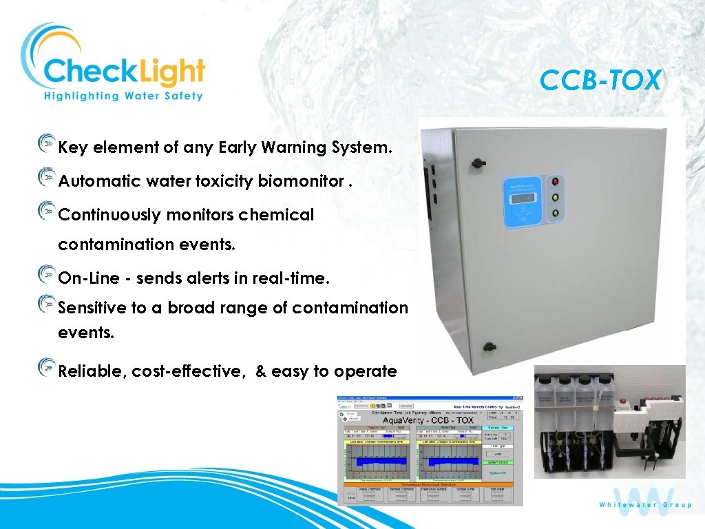 CCB-TOX Key element of any Early Warning System. Automatic water toxicity biomonitor. Continuously monitors