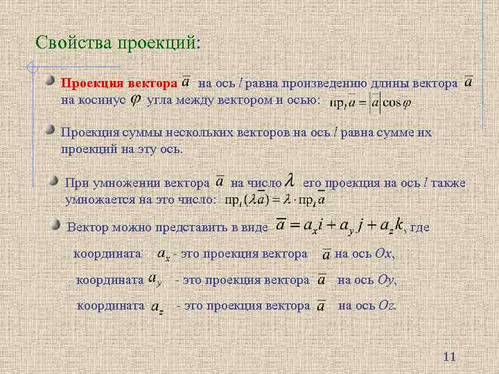 Свойства проекций: проекций Проекция вектора на ось l равна произведению длины вектора на косинус