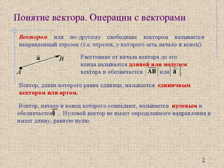 Понятие вектора. Операции с векторами Вектором или по-другому свободным вектором называется направленный отрезок (т.