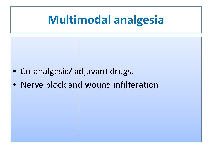 Multimodal analgesia • Co-analgesic/ adjuvant drugs. • Nerve block and wound infilteration 