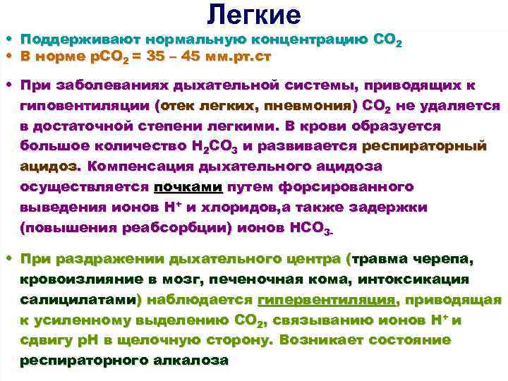 Легкие • Поддерживают нормальную концентрацию СО 2 • В норме р. СО 2 =