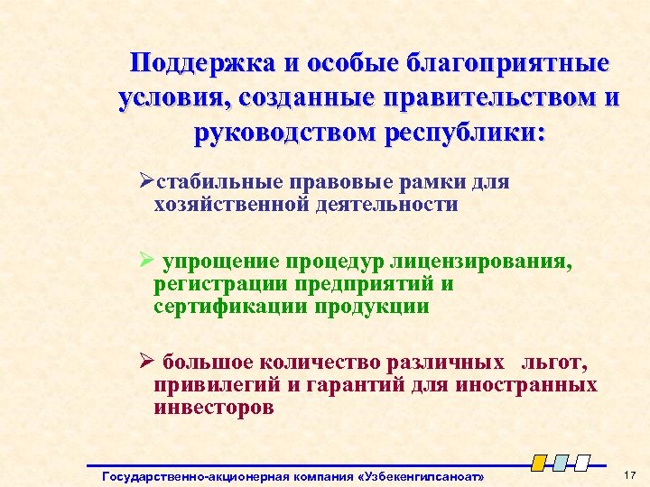 Поддержка и особые благоприятные условия, созданные правительством и руководством республики: Øстабильные правовые рамки для
