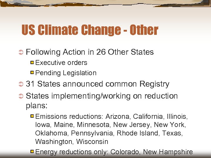 US Climate Change - Other Ü Following Action in 26 Other States Executive orders