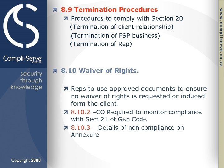 8. 9 Termination Procedures to comply with Section 20 (Termination of client relationship) (Termination