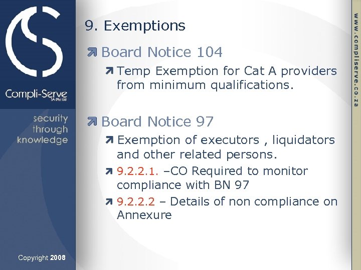 9. Exemptions Board Notice 104 Temp Exemption for Cat A providers from minimum qualifications.