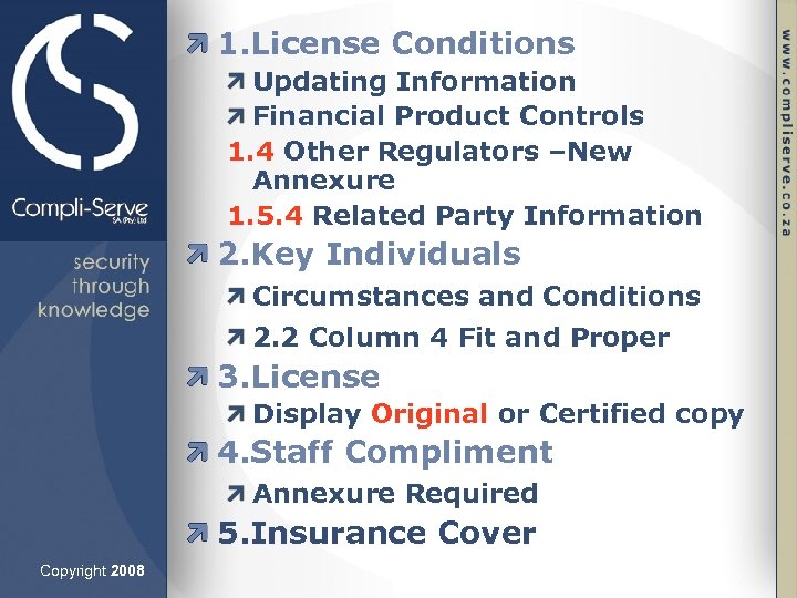 1. License Conditions Updating Information Financial Product Controls 1. 4 Other Regulators –New Annexure