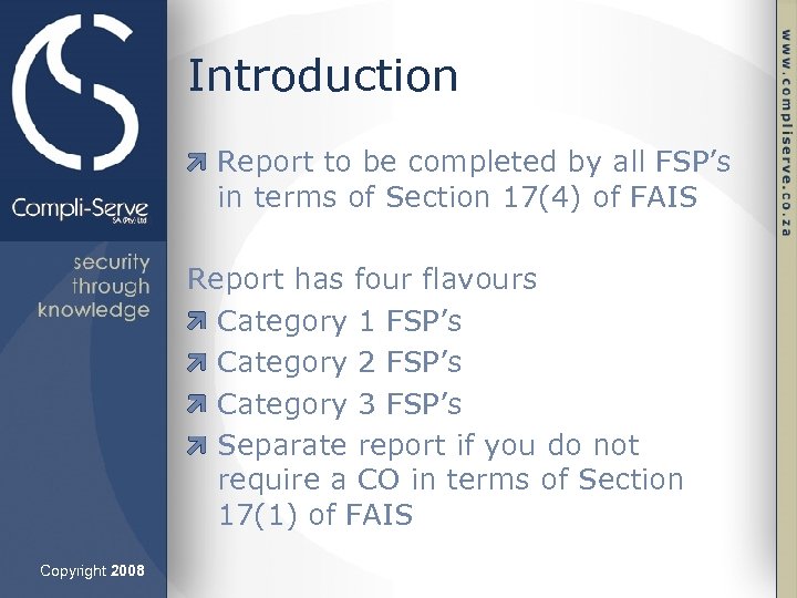 Introduction Report to be completed by all FSP’s in terms of Section 17(4) of