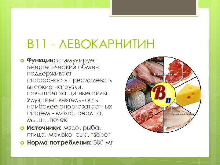 B 11 - ЛЕВОКАРНИТИН Функции: стимулирует энергетический обмен, поддерживает способность преодолевать высокие нагрузки, повышает