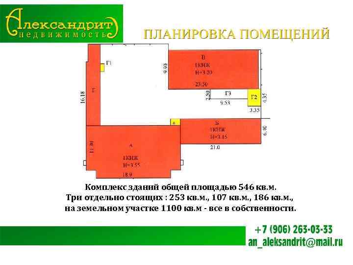 Комплекс зданий общей площадью 546 кв. м. Три отдельно стоящих : 253 кв. м.