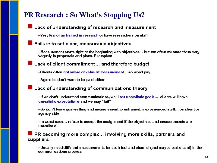 PR Research : So What’s Stopping Us? n Lack of understanding of research and