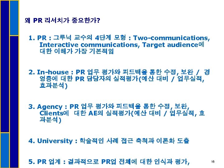 왜 PR 리서치가 중요한가? 1. PR : 그루닉 교수의 4단계 모형 : Two-communications, Interactive