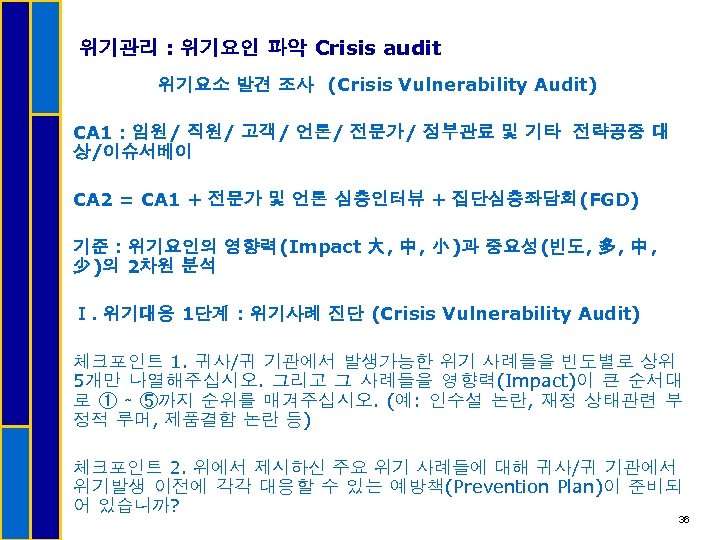 위기관리 : 위기요인 파악 Crisis audit 위기요소 발견 조사 (Crisis Vulnerability Audit) CA 1