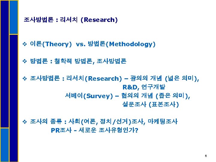 조사방법론 : 리서치 (Research) v 이론(Theory) vs. 방법론(Methodology) v 방법론 : 철학적 방법론, 조사방법론