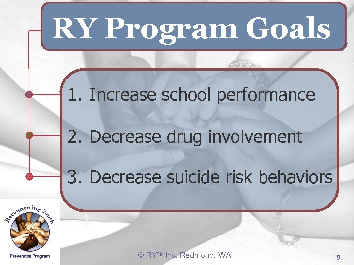 RY Program Goals 1. Increase school performance 2. Decrease drug involvement 3. Decrease suicide