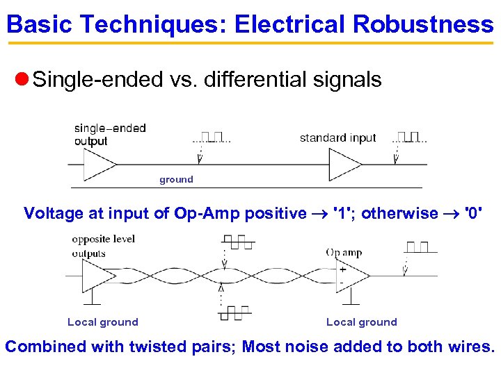 Basic Techniques: Electrical Robustness Single-ended vs. differential signals ground Voltage at input of Op-Amp