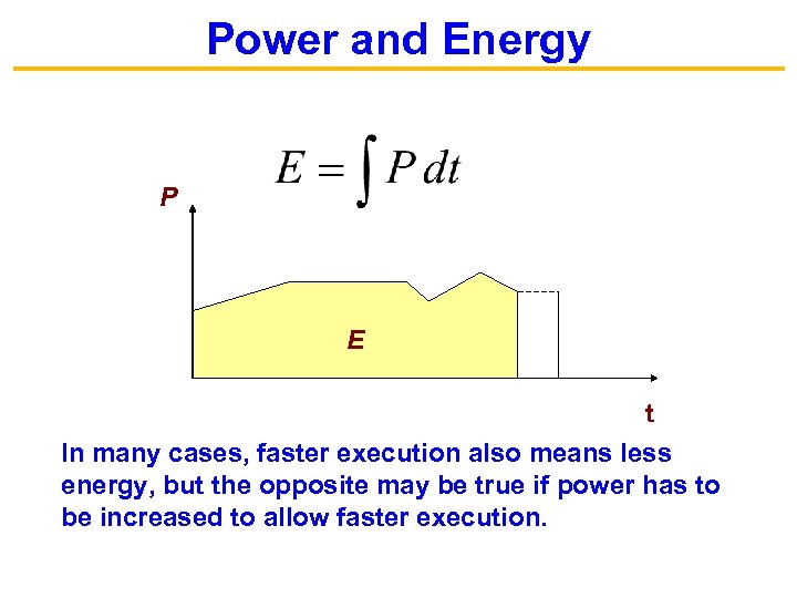 Power and Energy P E t In many cases, faster execution also means less