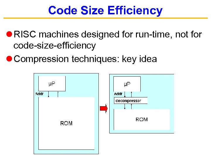 Code Size Efficiency RISC machines designed for run-time, not for code-size-efficiency Compression techniques: key