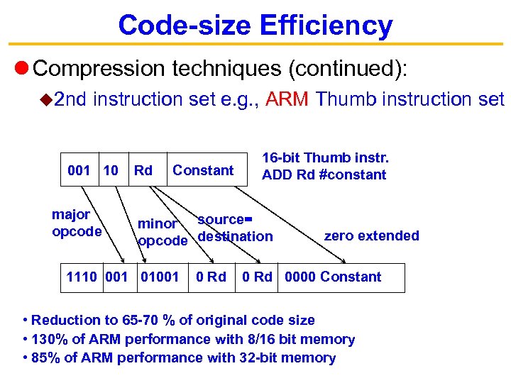 Code-size Efficiency Compression techniques (continued): u 2 nd instruction set e. g. , ARM